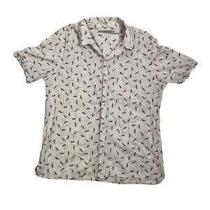 AllSaints men's shirt XL white blue feather print short sleeve button down